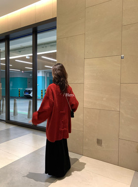 Hers 一勺甜新年战袍圣诞红新中式盘扣毛衣开衫外套女款 92817#