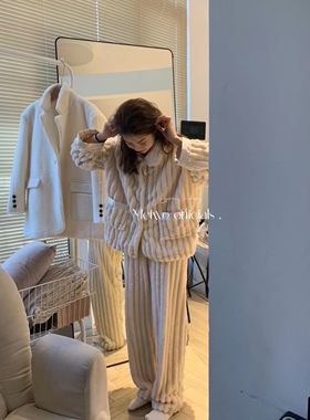 METWO 2022新款珊瑚绒加厚加绒保暖毛绒睡衣套装家居服舒适软糯女