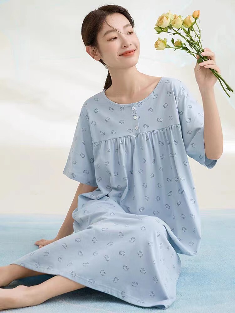康妮雅家居服睡裙纯棉新款圆领短袖夏季中裙宽松大码连衣裙622515