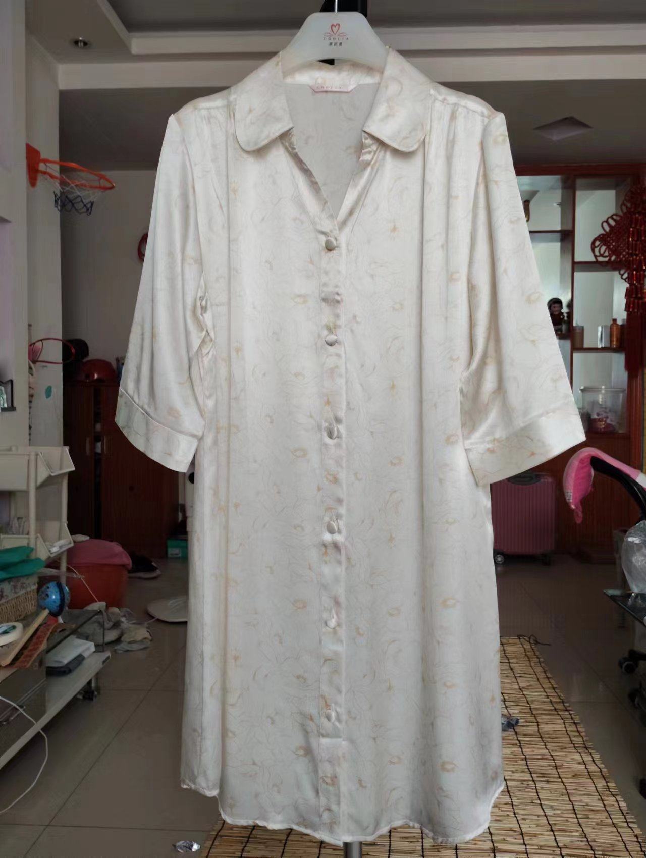 康妮雅家居服睡衣夏款 桑蚕丝真丝小翻领开衫中袖女睡裙中裙62404
