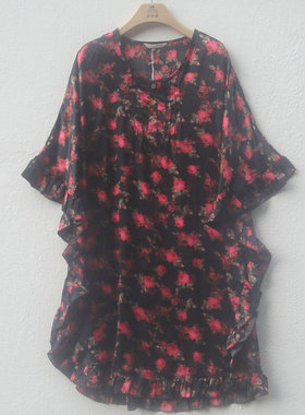 康妮雅家居服桑蚕丝圆领魅力玫瑰蝙蝠袖中袖宽松中裙女睡裙62482