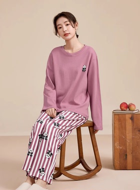 康妮雅家居服睡衣舒适纯棉圆领秋款卡通熊猫长袖长裤女套装621107