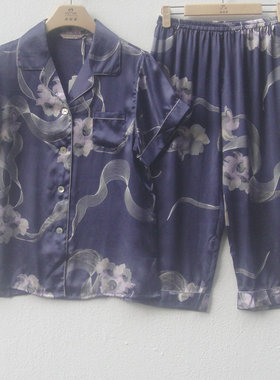 康妮雅家居服睡衣优雅之花真丝小翻领开衫短袖七分裤女套装62784