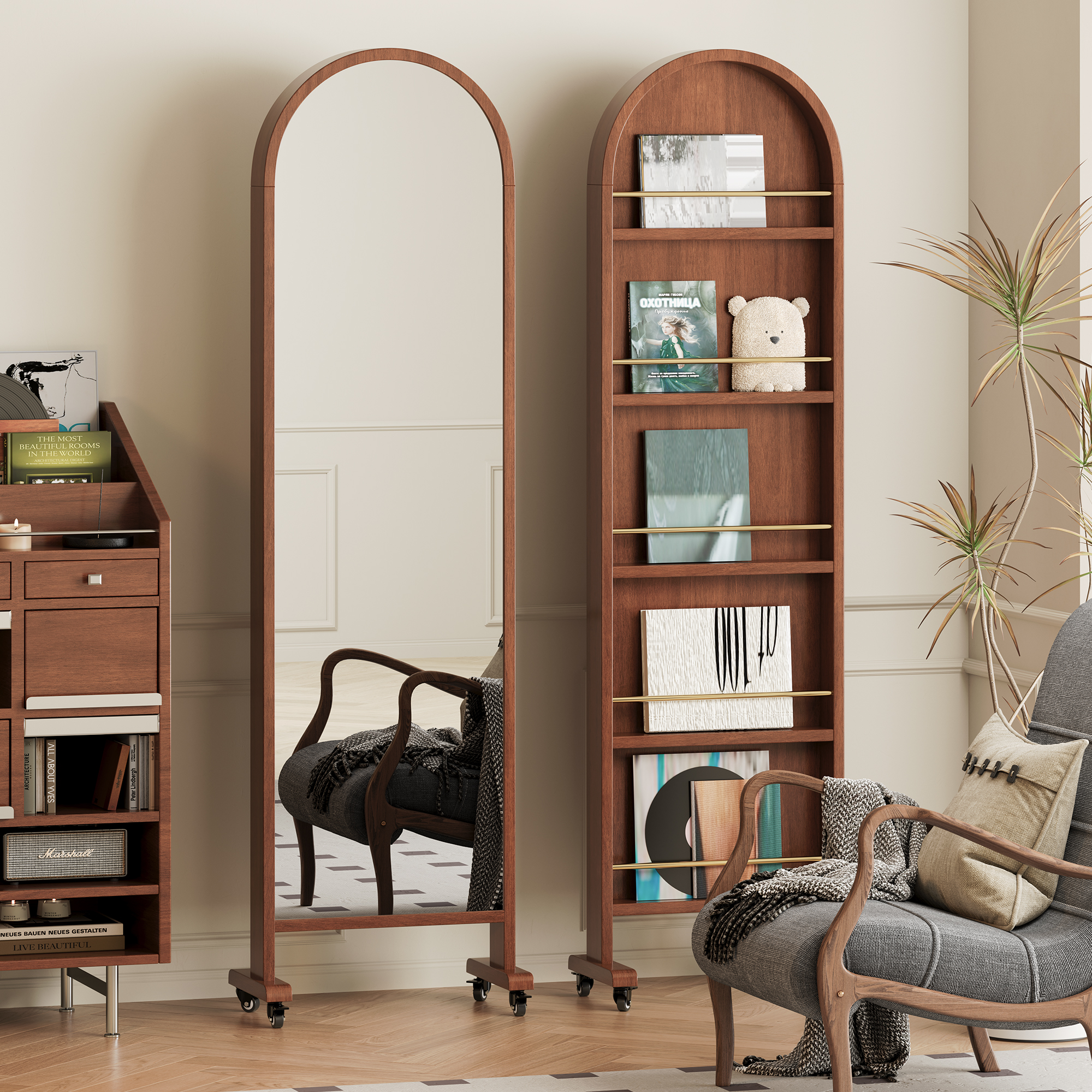 全身镜中古风旋转可移动杂志架