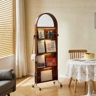 全身镜可移动杂志架旋转中古风落地置物架试衣间镜子实木穿衣镜