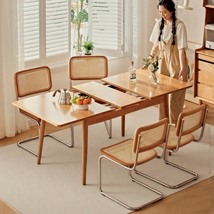 实木餐桌可伸缩长桌大板桌家用小户型吃饭桌子可折叠原木中古风