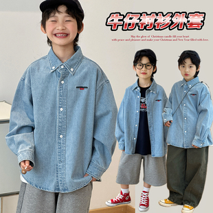 大男童牛仔衬衫外套 初中生薄款纯棉上衣 青少年宽松翻领衬衫新款