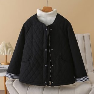 格子拼接胖妹妹棉衣遮肚子显瘦棉服 秋冬新款 200斤加大码 女装