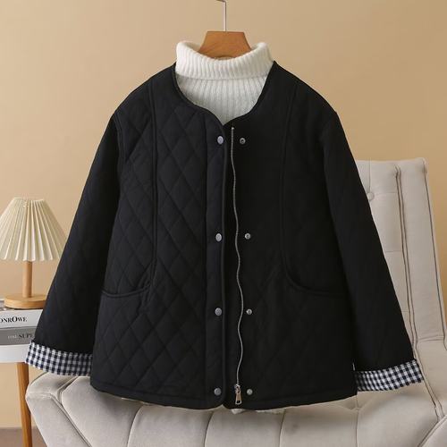 200斤加大码女装秋冬新款格子拼接胖妹妹棉衣遮肚子显瘦棉服