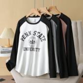 胖妹mm秋季 200斤 遮肚子撞色圆领打底衫 大码 T恤拼色字母印花长袖