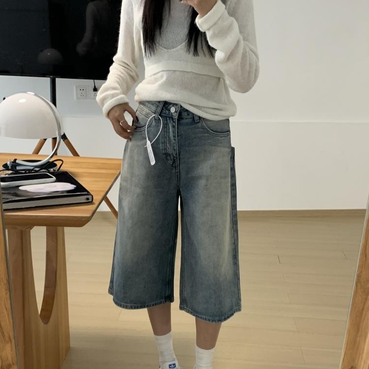 复古2025春季牛仔阔腿七分裤