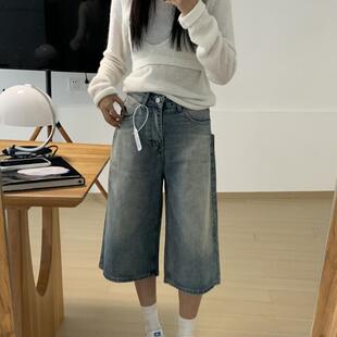 宽松直筒显瘦七分中裤 Ooh 女新款 68191复古阔腿牛仔七分短裤 AND