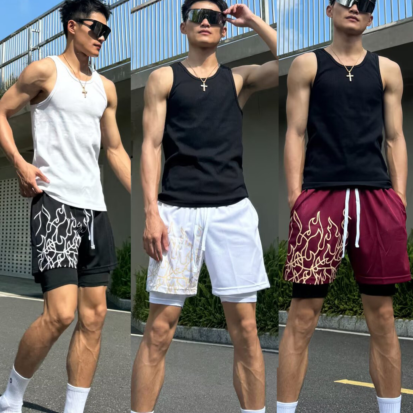 复古美式篮球假两件三分短裤男生