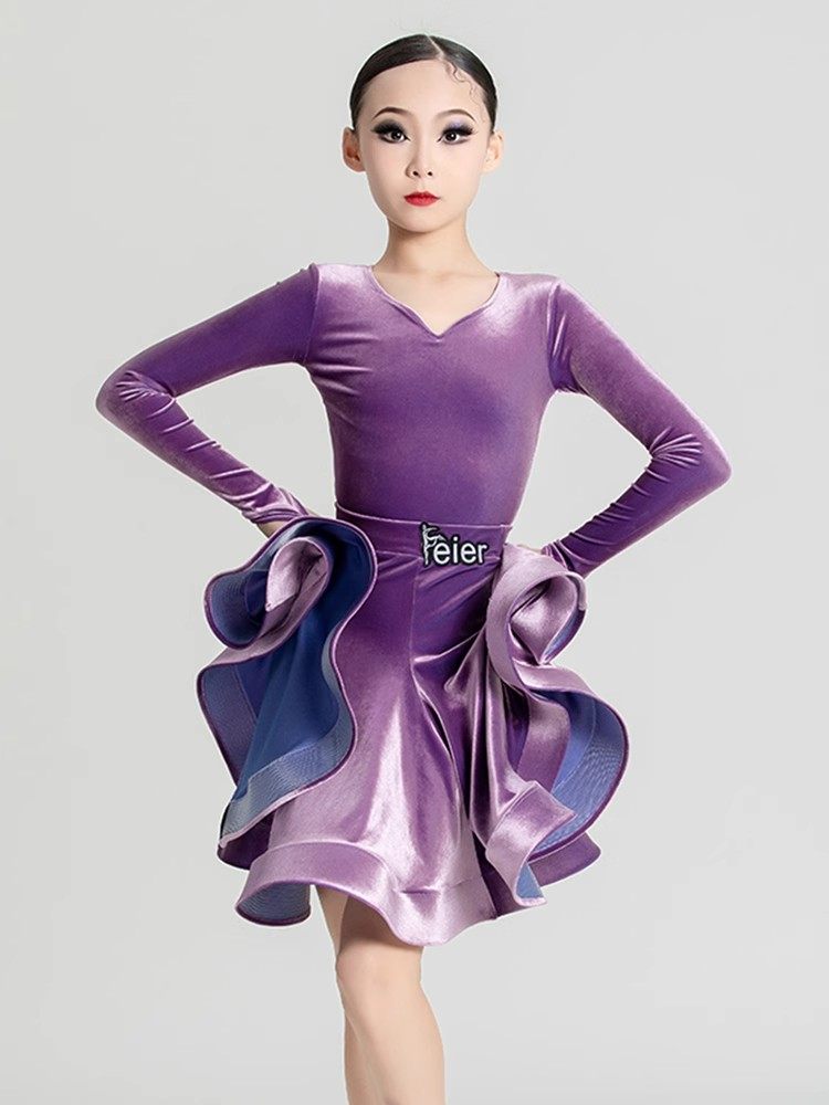 女童拉丁舞服秋冬比赛服装高级感冬季2023新款加绒儿童炫光绒赛服