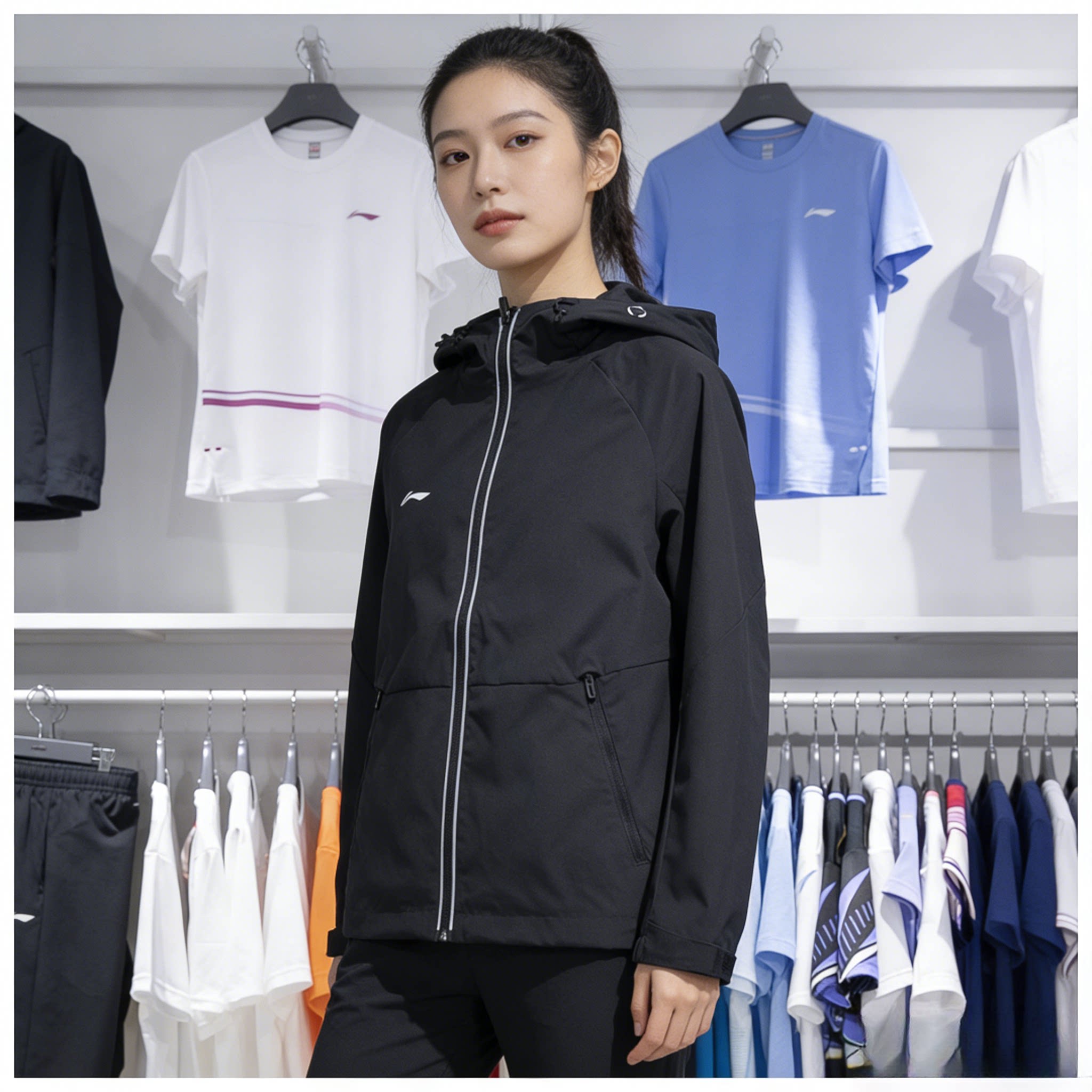 李宁运动风衣女子2024冬季款团购系列防泼水连帽外套AFDUA12-B品