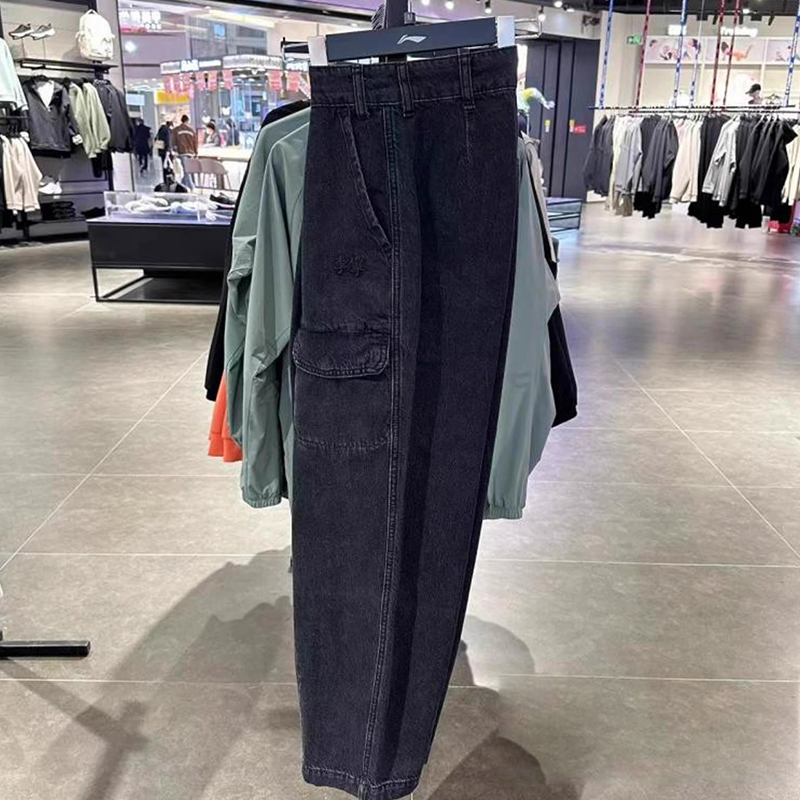 李宁男裤夏季新款生活系列宽松水洗牛仔裤运动长裤AJQU155-3-B品