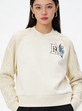 中国李宁新款日进斗金系列女子休闲宽松拼接圆领套头卫衣AWDV766