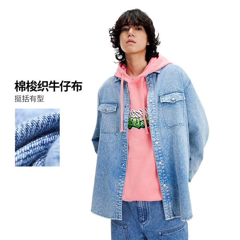 中国李宁2024春新款男外套潮流休闲宽松水洗牛仔衬衫ASHU037--B品
