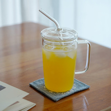 然而家 高颜值吸管杯带盖玻璃水杯带手把大容量杯子冰美式饮品杯