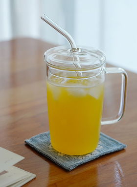 然而家 高颜值吸管杯带盖玻璃水杯带手把大容量杯子冰美式饮品杯