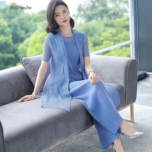 三宅褶皱新款时尚洋气阔腿裤薄套装女中年妈妈装休闲韩版三件套夏