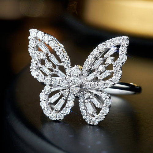 喜钻 18K金镂空蝴蝶钻戒女款豪华群镶天然钻石钻戒指环轻奢时尚