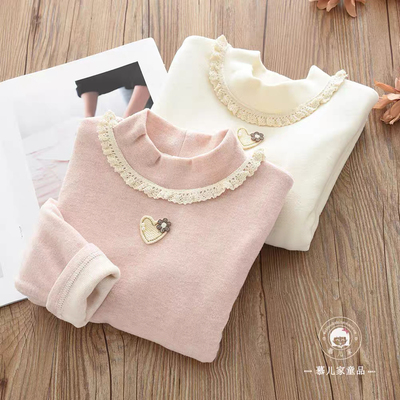 女童蕾丝花边半高领打底衫儿童双层加厚内搭T恤衫保暖上衣2025冬