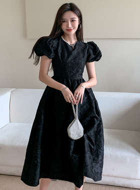 【3折清仓】三观 黑色提花法式复古高级感连衣裙女夏2022泡泡袖收