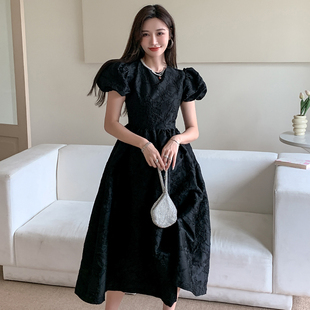 【3折清仓】三观 黑色提花法式复古高级感连衣裙女夏2022泡泡袖收