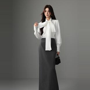 三观 白色蝴蝶结法式复古衬衫女秋冬2024新款设计感小众上衣
