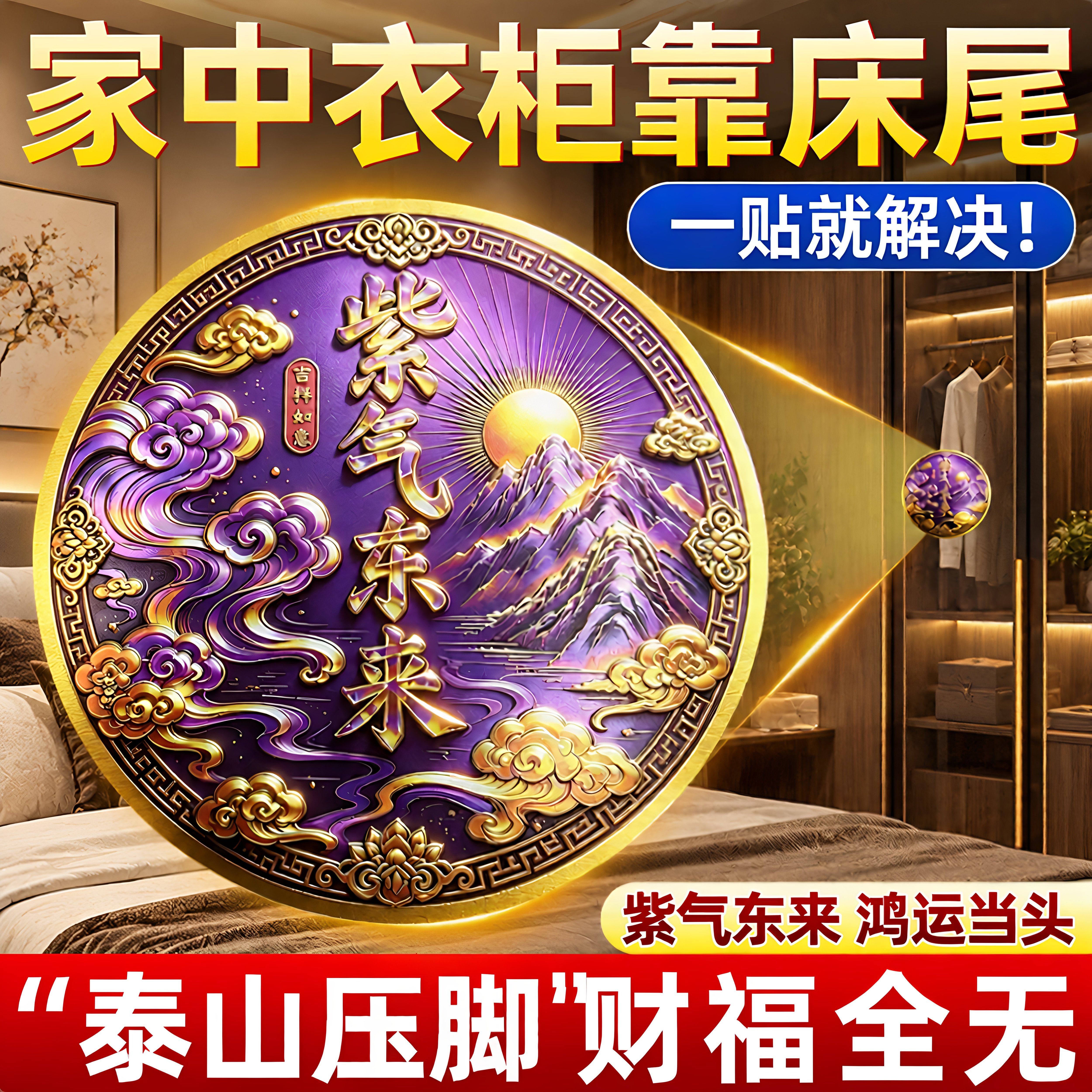 紫气东来衣柜贴解决开门见衣柜角床尾对衣柜卧室专用纳福床头墙贴