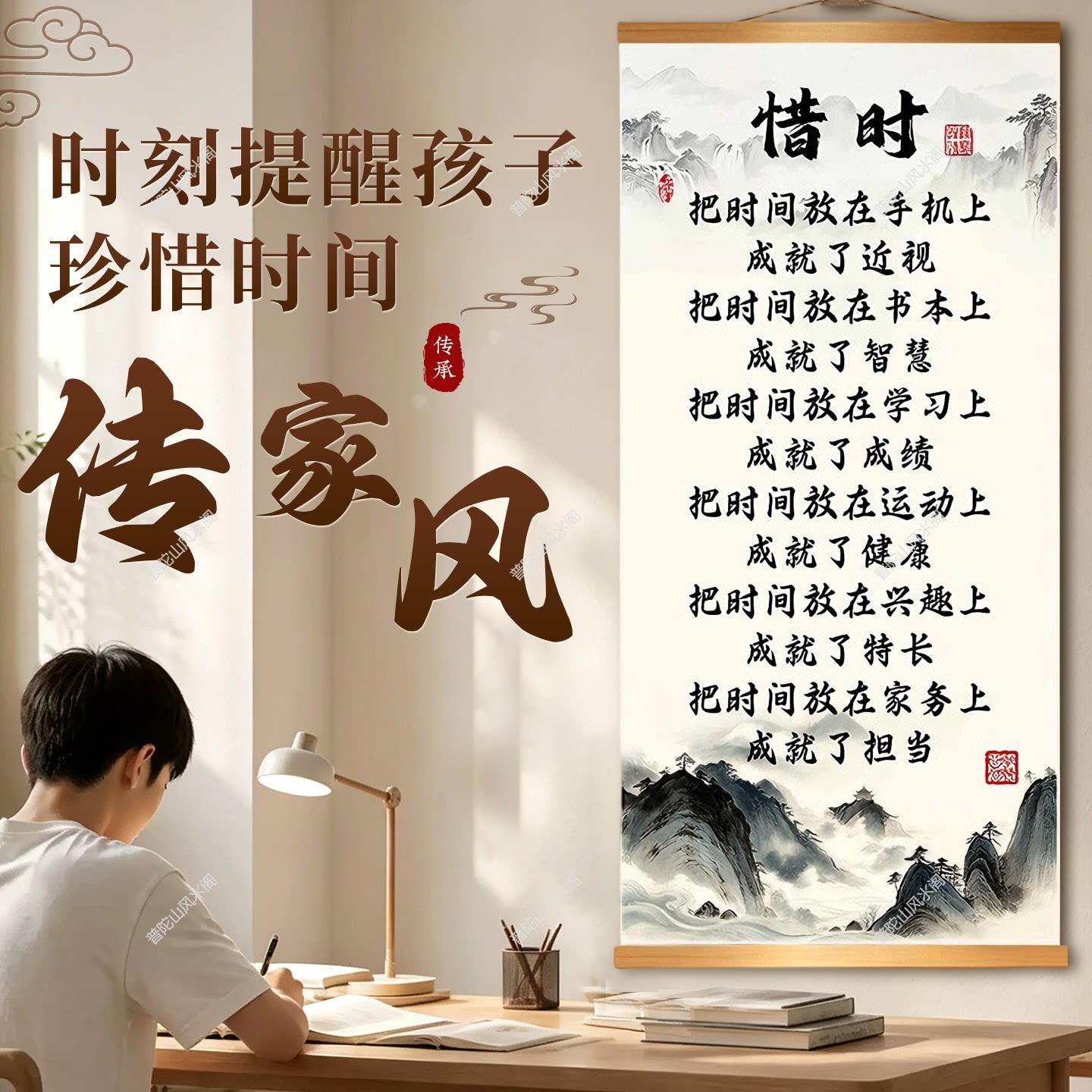 惜时挂画珍惜时间字画挂画新中式书房玄关客厅卧室装饰画正品加大