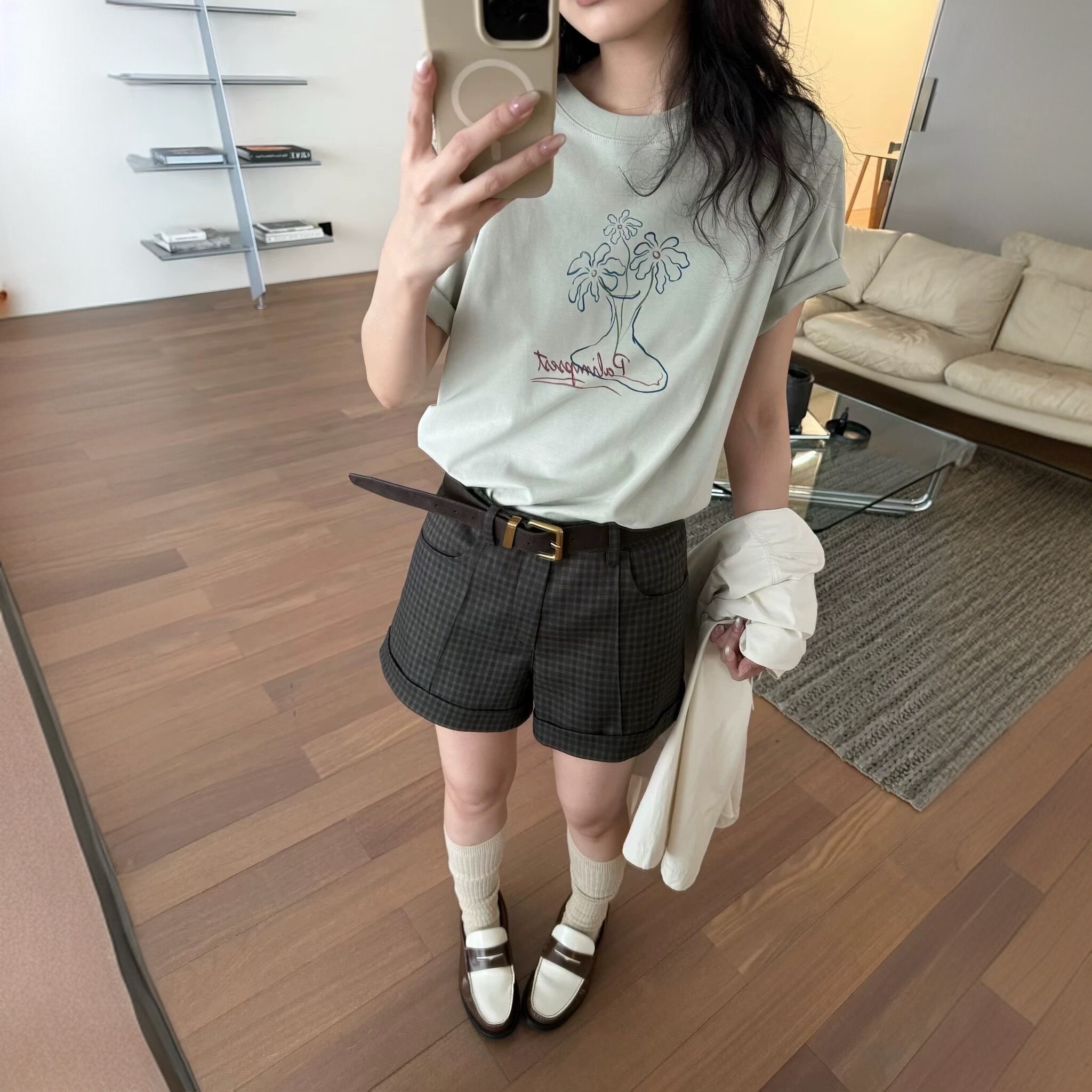 【VIINS】SOI SR复古格纹短裤女 百搭立体线条装饰直筒裤3423图片