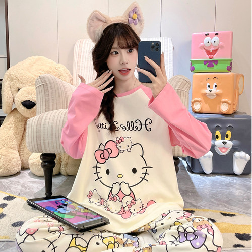 2026新款100%纯棉睡衣女卡通可爱长袖长裤宽松休闲全棉家居服套装