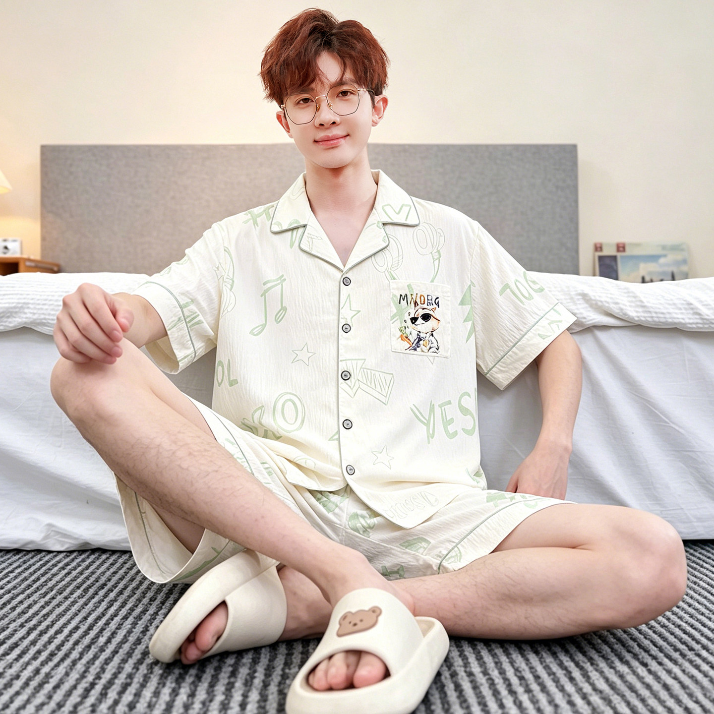 青少年夏季男睡衣云朵棉薄款大码