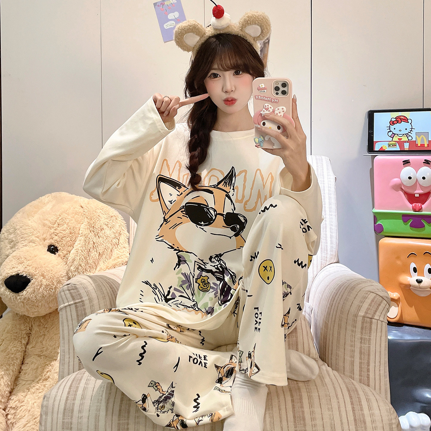 睡衣女纯棉长袖长裤春秋季可爱少女胖MM大码200斤家居服学生套装