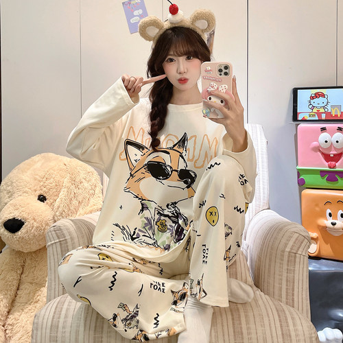 睡衣女纯棉长袖长裤春秋季可爱少女胖MM大码200斤家居服学生套装