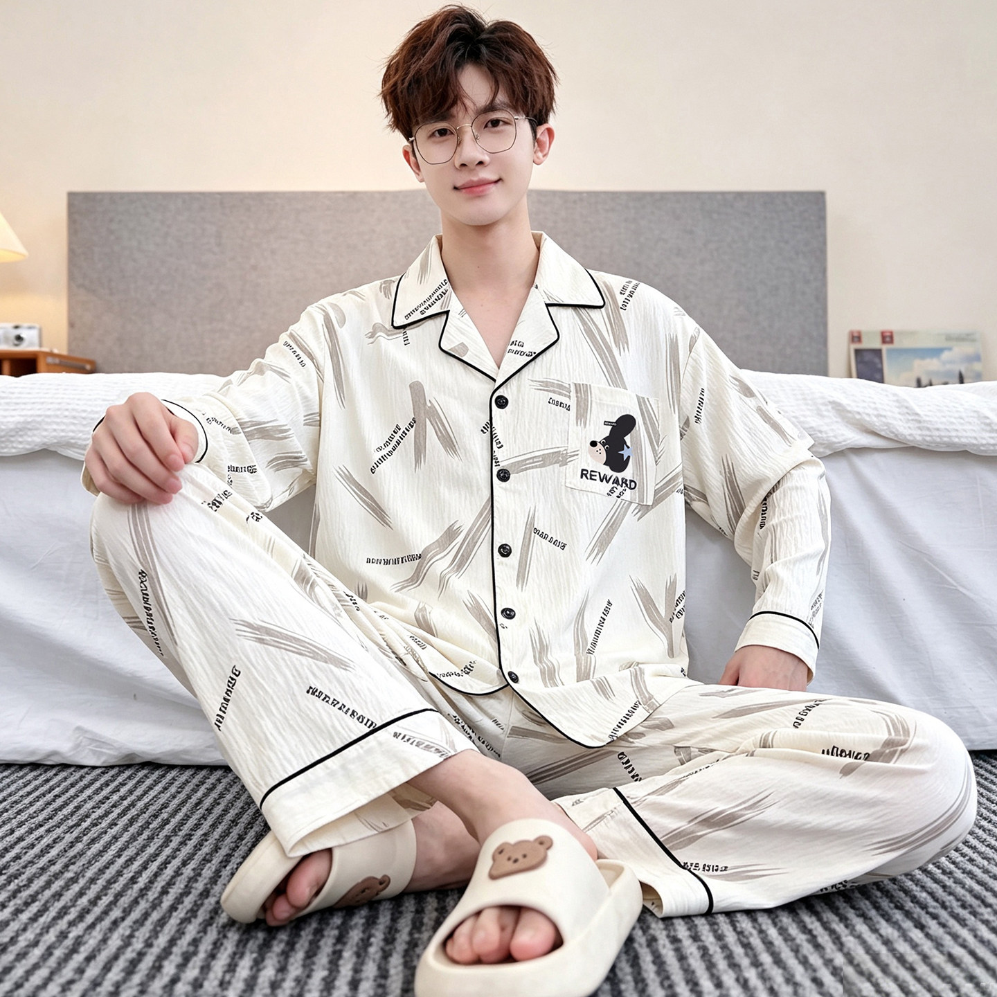 睡衣男士春秋季长袖云朵棉套装中青年男式开衫外穿时尚薄款家居服