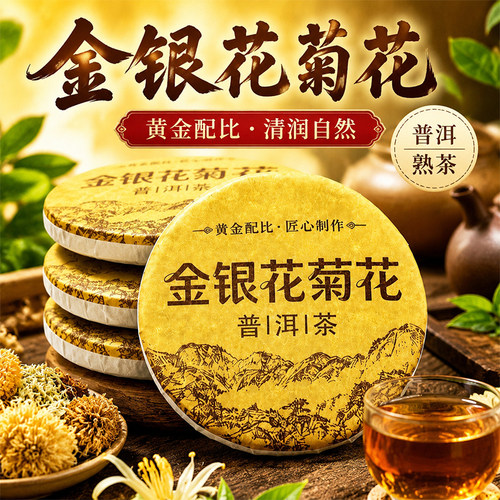 金银花菊花茶清爽解腻金银花菊花普洱茶熟茶独立小包装小茶饼