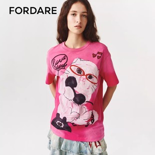 U眼镜刺绣小猫T恤 FORDARE福蝶26春夏涂鸦感LOVE 现货