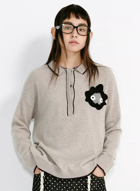 YANAG原创设计灰色的火焰钩针学院POLO毛衣休闲简约可爱长袖上衣