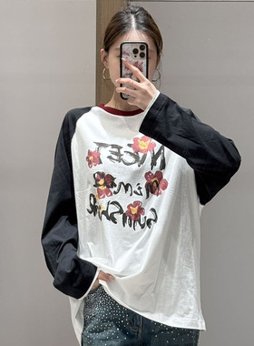 M |现货询价 26设计师品牌春季新款拼色印花长袖纯棉T恤