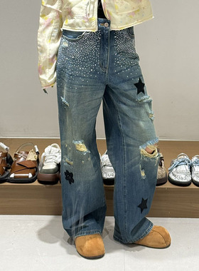 M |现货询价 26设计师品牌春季新款带钻破洞牛仔裤