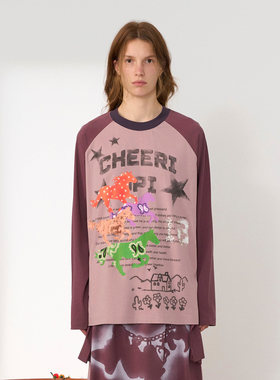 【现货】CHEERi UPi2026春季新款赛马拼贴印花插肩宽松长袖T恤
