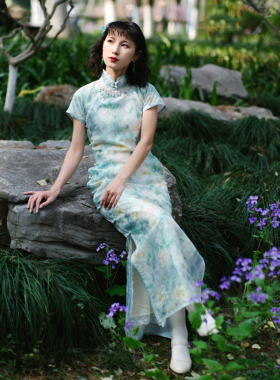 婠如秋|莫奈花影|春季上新蓝色日常可穿单襟纱长旗袍