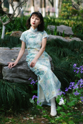 婠如秋|莫奈花影|春季上新蓝色日常可穿单襟纱长旗袍