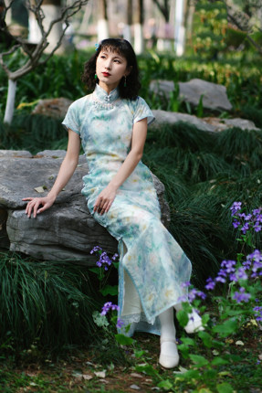 婠如秋|莫奈花影|春季上新蓝色日常可穿单襟纱长旗袍