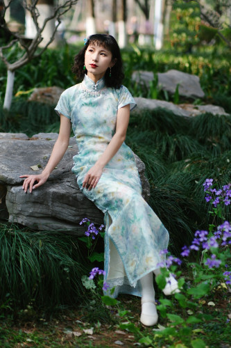 婠如秋|莫奈花影|春季上新蓝色日常可穿单襟纱长旗袍