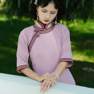 婠如秋【知语】秋冬季一片式无省古法粉色全开襟复古旗袍日常可穿