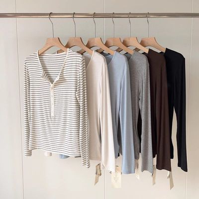 莱塞尔天丝醋酸羊毛亨利衫女秋冬圆领修身打底衫气质百搭长袖上衣